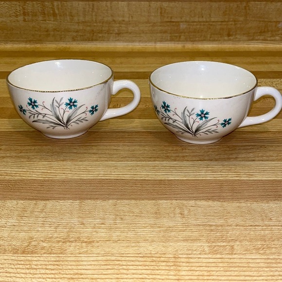 Set of 2 Teal Cornflower Tea Cups Gold Rims - Picture 2 of 6